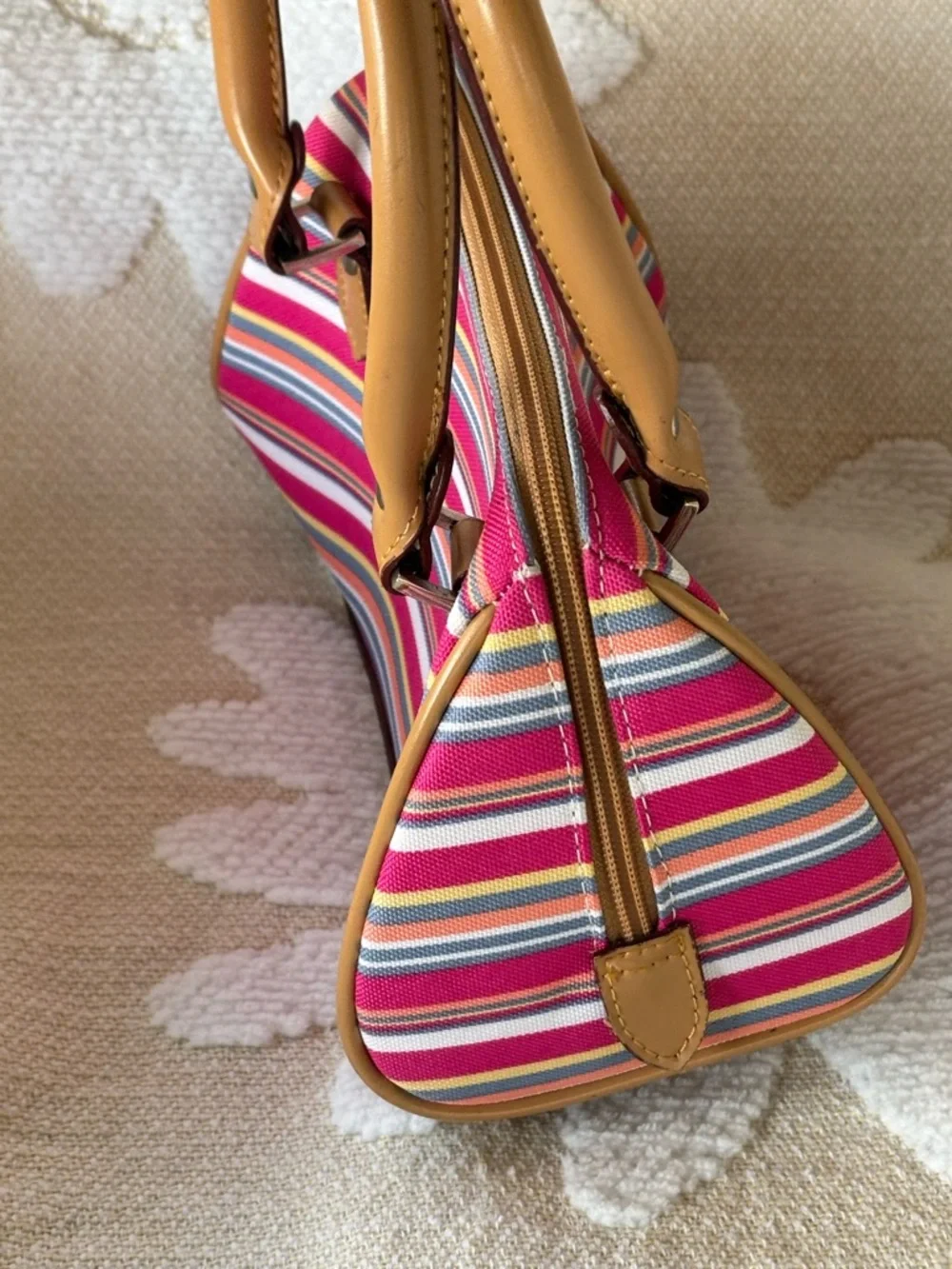 Striped Pink Multi-Color Canvas Satchel with Tan Handles - Picture 3 of 12